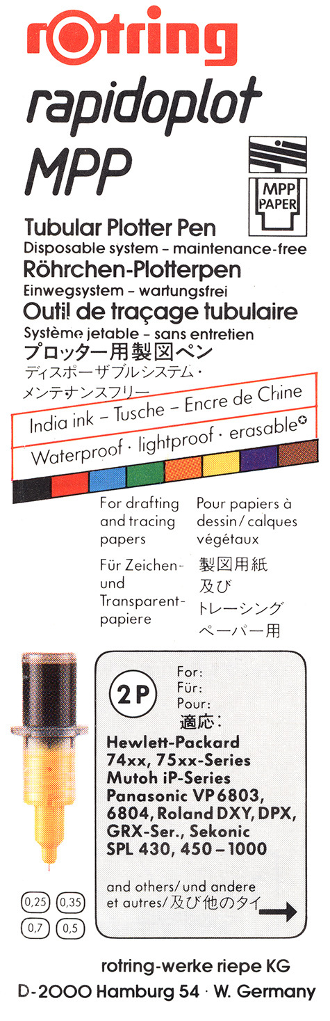 gbc Rotring Rapidoplot DPP Archival 2P. 0.25mm NERO. Penna per plotter a china. Spessore punta 0,25mm. Per utilizzo su carta da plotter, carta da lucido, carta patinata. Adatta a plotter HP 74xx, 75xx, Mutoh iP, Panasonic VP6803, 6804, Roland DXY, DPX, GRX, Sekonic SPL 430, 450 - 1000 e altri. Made in USA.