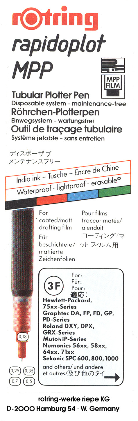 gbc Rotring Rapidoplot MPP 3F (FILM). 0.70mm NERO. Penna per plotter a china. Spessore punta 0,70mm. Per utilizzo su pellicole opache e rivestite. Adatta a plotter HP 75xx, Graphtec, Roland, Numonics e altri. Made in USA.