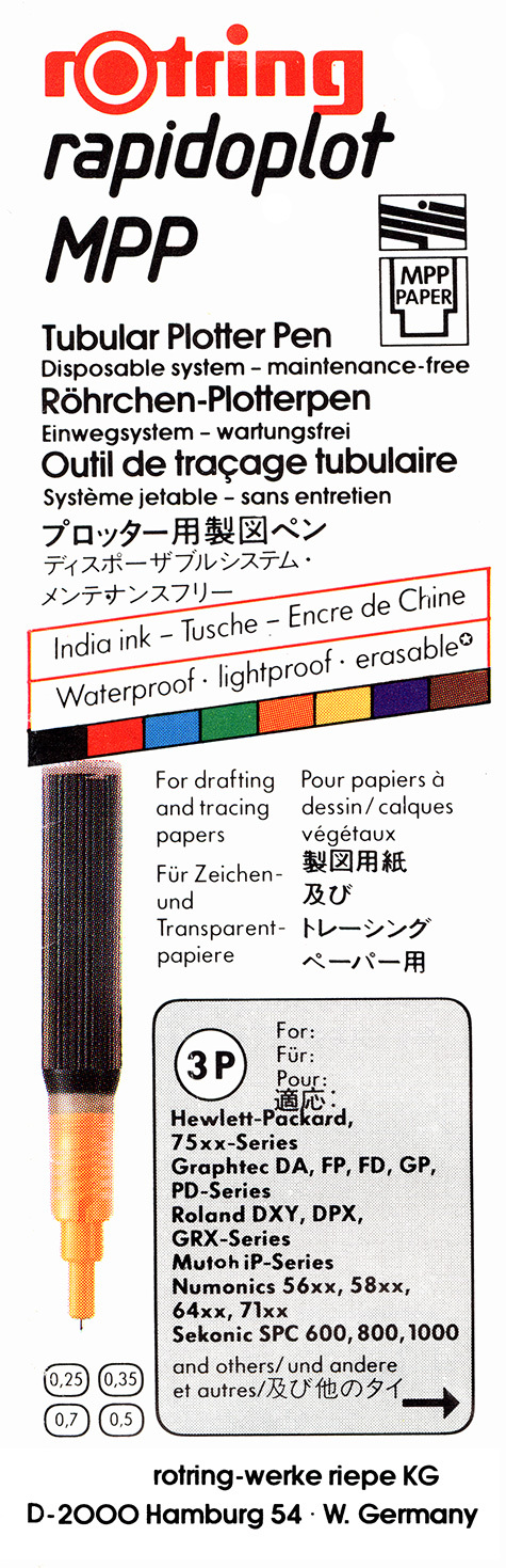 gbc Rotring Rapidoplot MPP 3P. 0.70mm ROSSO. Penna per plotter a china. Spessore punta 0,70mm. Per utilizzo su carta da plotter, carta da lucido, carta patinata. Adatta a plotter HP 75xx, Graphtec DA, FP, FD, GP, PD,  Mutoh iP, Roland DXY, DPX, GRX, Numonics 56xx, 58xx, 64xx, 71xx e altri. Made in USA.