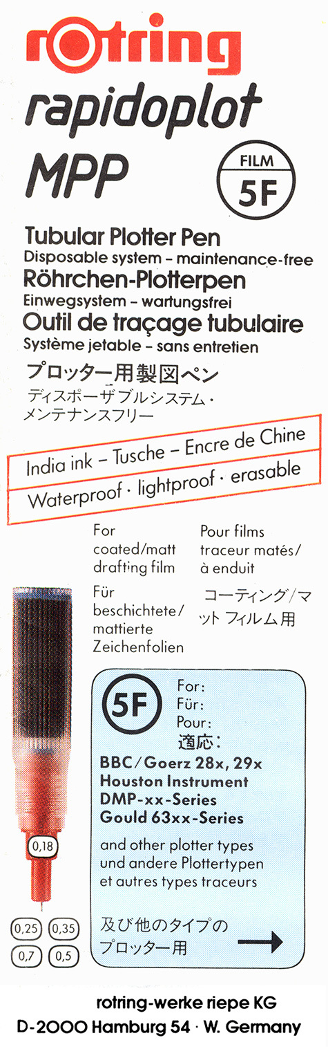 gbc Rotring Rapidoplot MPP 5F (FILM). 0.18mm NERO. Penna per plotter a china. Spessore punta 0,18mm. Per utilizzo su pellicole opache e rivestite. Adatta a plotter BBC - Goerz 28x, 29x, Houston Instrument DMP-xx, Gould 63xx e altri. Made in USA.
