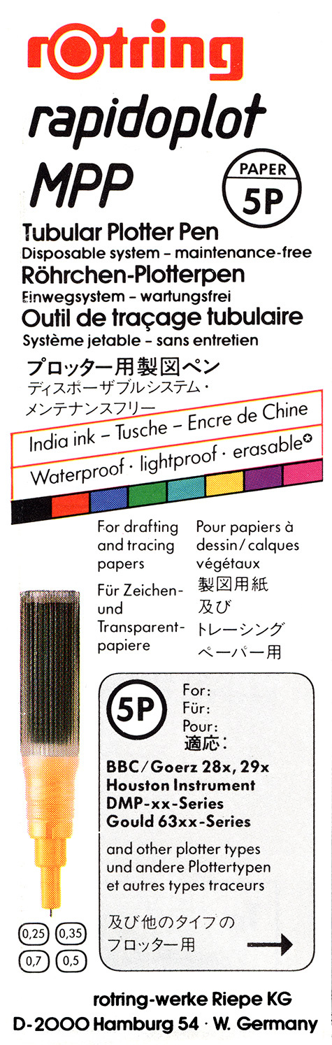 gbc Rotring Rapidoplot MPP 5P, 0.70mm NERO. Penna per plotter a china. Spessore punta 0,70mm. Per utilizzo su carta da plotter, carta da lucido, carta patinata. Adatta a plotter BBC-Goerz 28x, 29x, Houston Instrument DMP-xx, Gould 63xx e altri. Made in USA.