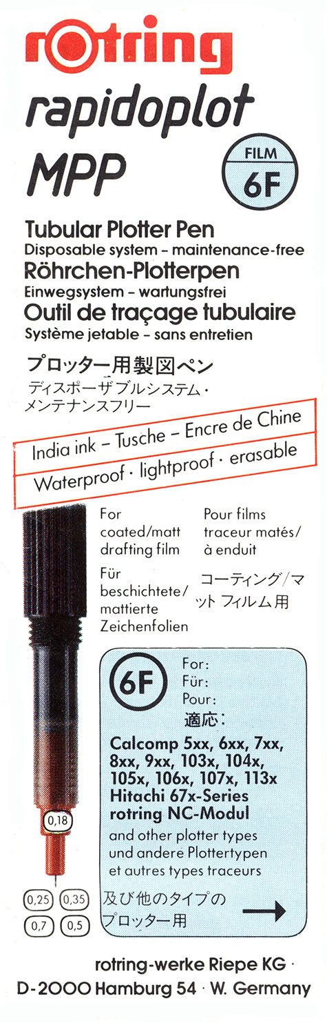 gbc Rotring Rapidoplot MPP 6F (FILM). 0.50mm NERO. Penna per plotter a china. Spessore punta 0,50mm. Per utilizzo su pellicole opache e rivestite. Adatta a plotter Calcomp 5xx, 6xx, 7xx, 8xx, 9xx, 103x, 104x, 105x, 106x, 107x, 113x, Hitachi 67x e altri.