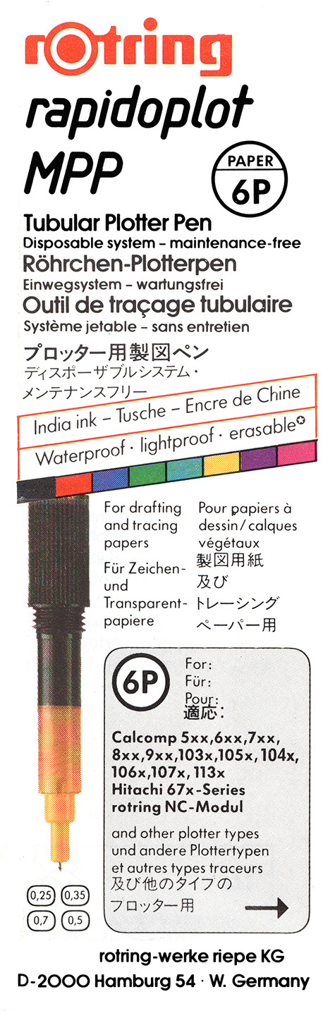 gbc Rotring Rapidoplot MPP 6P. 0.70mm ROSSO. Penna per plotter a china. Spessore punta 0,70mm. Per utilizzo su carta da plotter, carta da lucido, carta patinata. Adatta a plotter Calcomp 5xx, 6xx, 7xx, 8xx, 9xx, 103xx, 104xx, 105xx, 106xx, 107xx, 113xx, Hitachi 67x e altri. Made in USA.