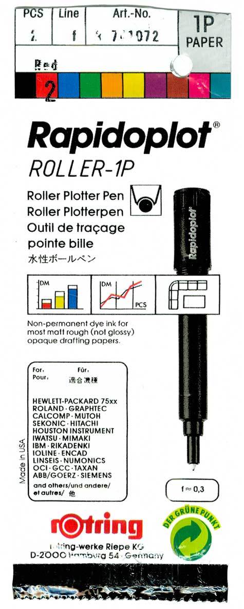 gbc Rapidoplot ROLLER-1P  VERDE. Pennarello per plotter Rotring. Spessore punta 0,3mm. Per utilizzo su carta da plotter, carta da lucido, carta patinata. Adatta a plotter HP 75xx, Roland, Graphtec, Calcomp, Rikadenki e altri. Made in Germany.