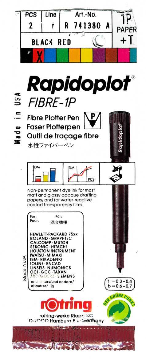 gbc Rapidoplot FIBRE-1P. 0.35mm  MARRON. Pennarello per plotter Rotring. Spessore punta 0,35mm. Per utilizzo su carta da plotter, carta da lucido, carta patinata. Adatta a plotter HP 75xx, Roland, Graphtec, Calcomp, Rikadenki e altri. Made in USA.