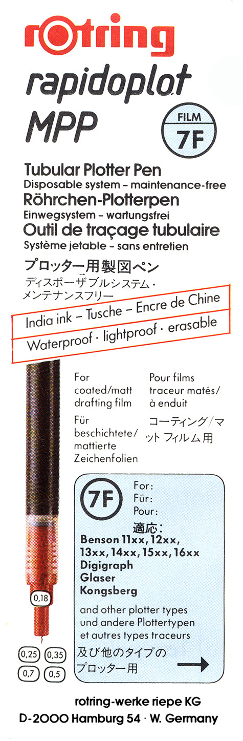 gbc Rotring Rapidoplot MPP 7F (FILM). 0.25mm NERO. Penna per plotter a china. Spessore punta 0,25mm. Per utilizzo su pellicole opache e rivestite. Adatta a plotter Benson 11xx, 12xx, 13xx, 14xx, 15xx, 16xx, Digigraph, glaser, Kongsberg e altri. Made in USA.