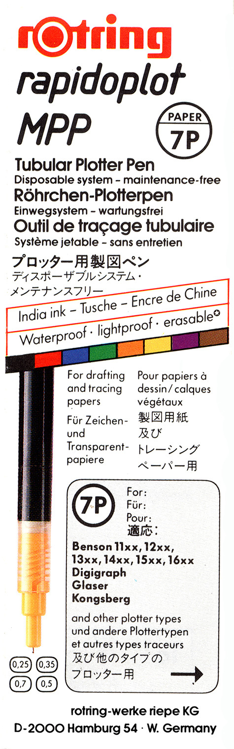 gbc Rotring Rapidoplot MPP 7P. 0.70mm VERDE. Penna per plotter a china. Spessore punta 0,70mm. Per utilizzo su carta da plotter, carta da lucido, carta patinata. Adatta a plotter Benson 11xx, 12xx, 13xx, 14xx, 15xx, 16xx, Digigraph, Glaser, Kongsberg e altri. Made in USA.