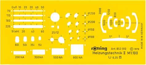 gbc Mascherina normografo per Rapidograph Heizungtechnik II, M1:100, per penna 0,35, Made in Germany.