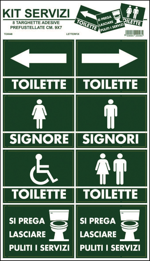 gbc Kit WC Blister con 8 targhette adesive prefustellate in vinile, spessore 0.01mm, dimensioni targhette 9x7cm.