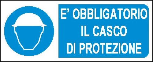 gbc � obbligatorio il casco di protezione Cartello in PVC , spessore 1mm, dimensioni 31x14cm, di obbligo, segnaletica di sicurezza conferme al DLGS 81 del 09/04/2008 RSHT00276