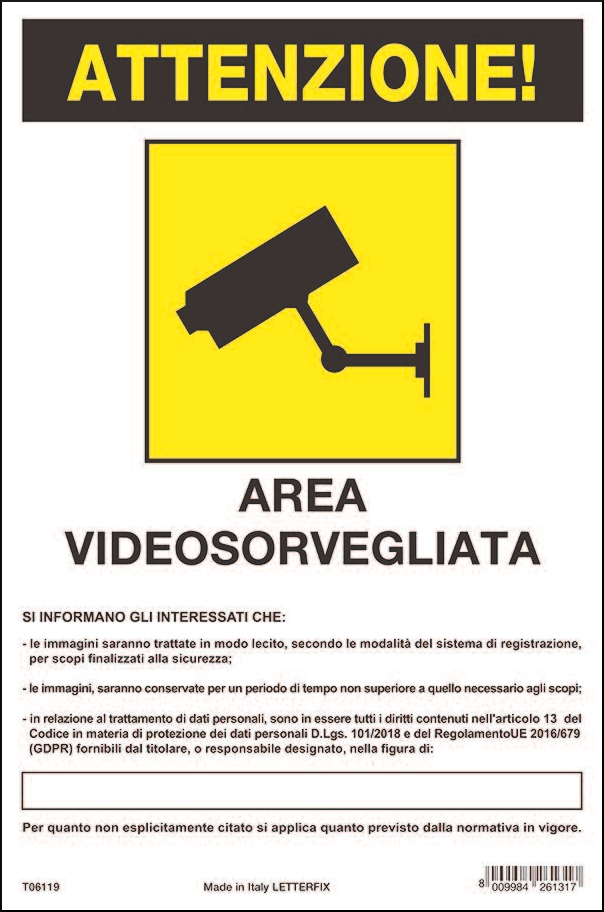 gbc Area videosorvegliata Cartello in Vinile Adesivo , spessore 0.01mm, dimensioni 20x30cm.