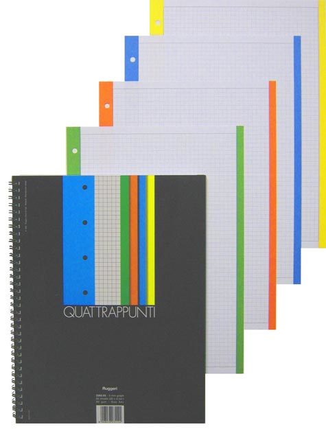 gbc Quattrappunti - Rigato - Rules 8 mm formato A5+, legatura: W.O. lato lungo + perf. + 4 fori, foliazione: 80 fogli. (20x4 fogli), carta da 80gr, righe da 8mm.