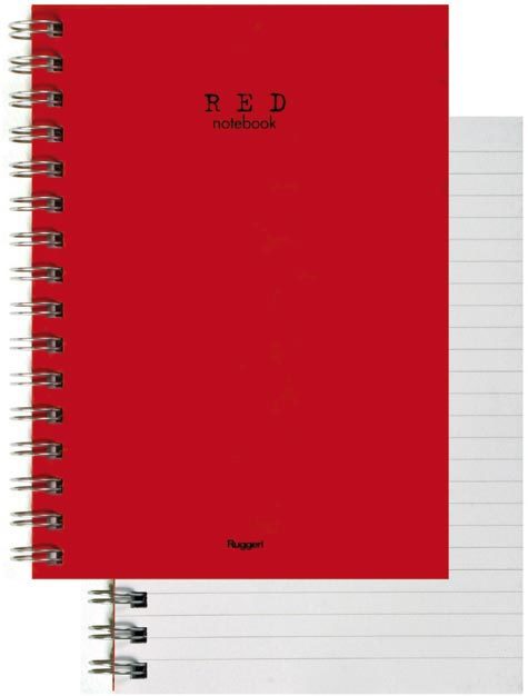 gbc RedNotebookRuggeri, SpiralatoLatoLungo, 100fogliA6, Rigato8mm Copertina ROSSA. Blocchi spiralati di 100 fogli da 80gr. Formato A6 (10,5x14,8cm), righe da 8mm.