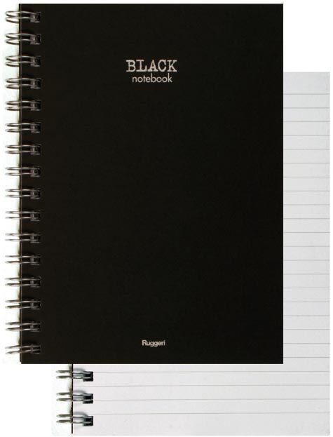 gbc BlackNotebookRuggeri, SpiralatoLatoLungo, 100fogliA6, Rigato8mm Copertina NERA. Blocchi spiralati di 100 fogli da 80gr. Formato A6 (10,5x14,8cm), righe da 8mm.