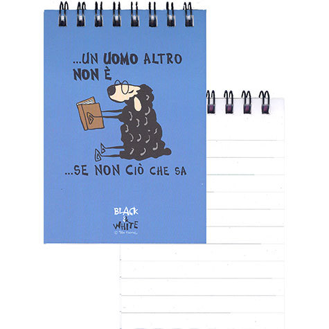 gbc QuadernoBlack&WhiteRuggeri SpiralatoInTesta 50fogliA7 Righe8mm, PecoraNera formato A7, legatura: W.O. in testa, foliazione: 50 fogli, carta da 80gr, righe da 8mm, soggetto: fai lamore non fare la guerra.