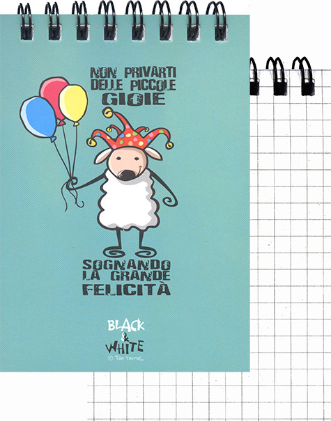 gbc QuadernoBlack&WhiteRuggeri SpiralatoInTesta 50fogliA7 Quadretto5mm, PECORA formato A7, legatura: W.O. in testa, foliazione: 50 fogli, carta da 80gr, quadretti 5mm, soggetto: Non privarti delle piccole gioie sognando la grande felicit.