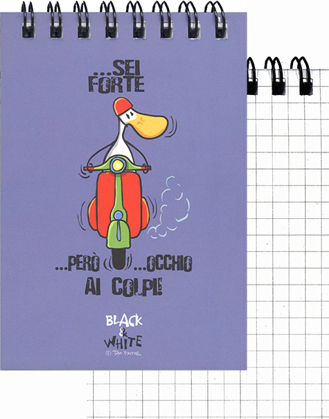 gbc QuadernoBlack&WhiteRuggeri SpiralatoInTesta 50fogliA7 Quadretto5mm, PAPERA formato A7, legatura: W.O. in testa, foliazione: 50 fogli, carta da 80gr, quadretti 5mm, soggetto: Sei forte per occhio ai colpi!.