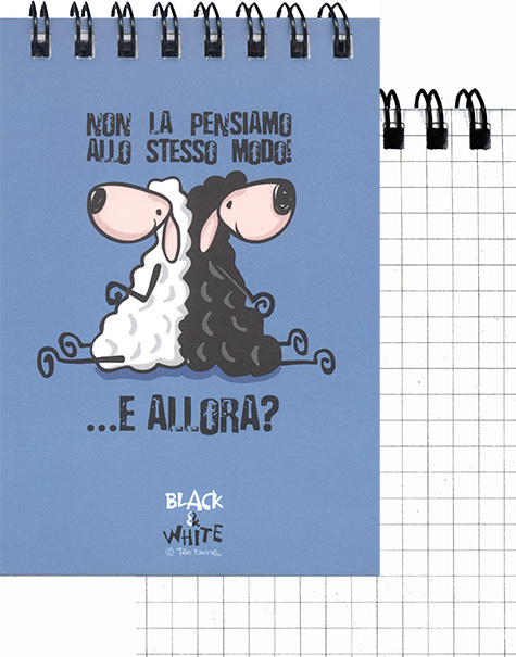 gbc QuadernoBlack&WhiteRuggeri SpiralatoInTesta 50fogliA7 Quadretto5mm, PECORE formato A7, legatura: W.O. in testa, foliazione: 50 fogli, carta da 80gr, quadretti 5mm, soggetto: Non la pensiamo allo stesso modo ...e allora?.