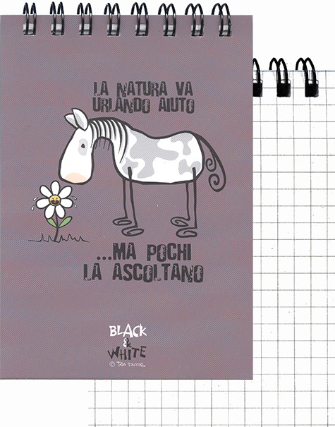 gbc QuadernoBlack&WhiteRuggeri SpiralatoInTesta 50fogliA7 Quadretto5mm, CAVALLO formato A7, legatura: W.O. in testa, foliazione: 50 fogli, carta da 80gr, quadretti 5mm, soggetto: La natura va urlando aiuto ...ma pochi la ascoltano.
