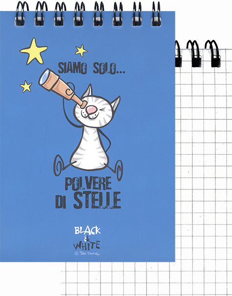 gbc QuadernoBlack&WhiteRuggeri SpiralatoInTesta 50fogliA7 Quadretto5mm, GATTO formato A7, legatura: W.O. in testa, foliazione: 50 fogli, carta da 80gr, quadretti 5mm, soggetto: Siamo solo... polvere di stelle.