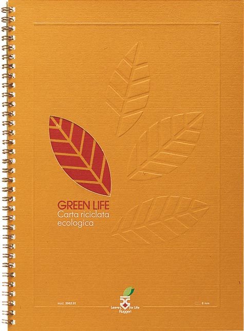 gbc QuadernoGreenLifeRuggeri, SpiralatoLatoLungo, 70fogliA4, Righe8mm 70 fogli da 80gr di carta avorio riciclata ecologica. Formato A4 (21x29.7cm) . Legatura a spirale metallica sul lato lungo. Copertina a colori con motivi a rilievo a secco. Sottoblocco rigido, righe da 8mm.