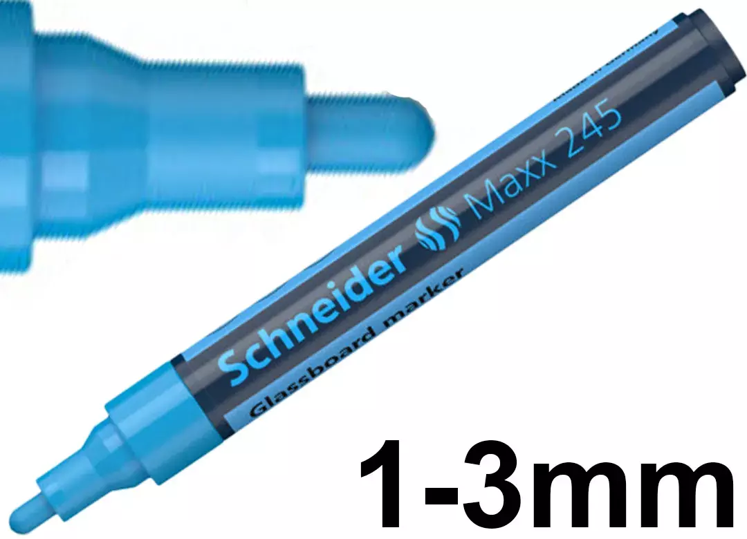 gbc Marcatore perVETRO Schneider Maxx245, BLU Pennarello marcatore per lavagne in VETRO e superfici vetrose. Punta tonda 13 mm. Cancellabile a secco. sch124501. Prodotto Originale Tedesco, MADE IN GERMANY..