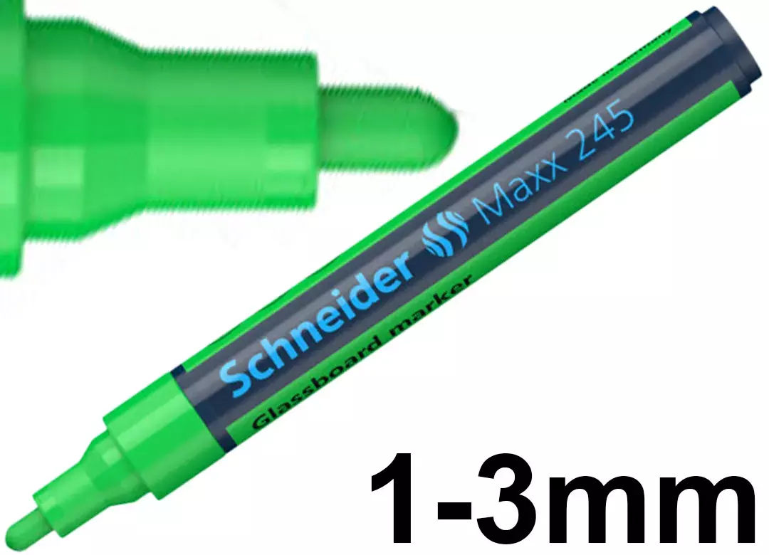 gbc Marcatore perVETRO Schneider Maxx245, VERDE Pennarello marcatore per lavagne in VETRO e superfici vetrose. Punta tonda 13 mm. Cancellabile a secco. Prodotto Originale Tedesco, MADE IN GERMANY..