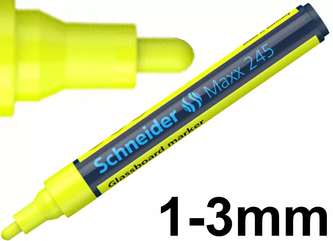gbc Marcatore perVETRO Schneider Maxx245, GIALLO Pennarello marcatore per lavagne in VETRO e superfici vetrose. Punta tonda 1�3 mm. Cancellabile a secco. Prodotto Originale Tedesco, MADE IN GERMANY..