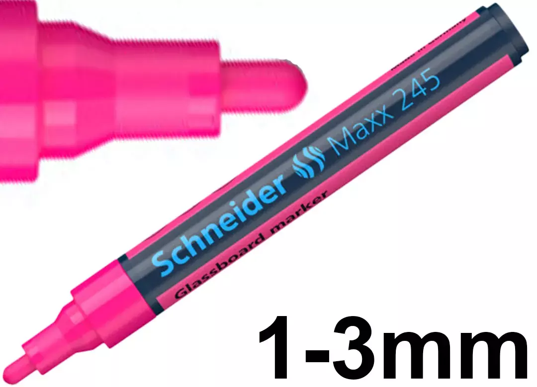 gbc Marcatore perVETRO Schneider Maxx245, ROSA Pennarello marcatore per lavagne in VETRO e superfici vetrose. Punta tonda 13 mm. Cancellabile a secco. Prodotto Originale Tedesco, MADE IN GERMANY..