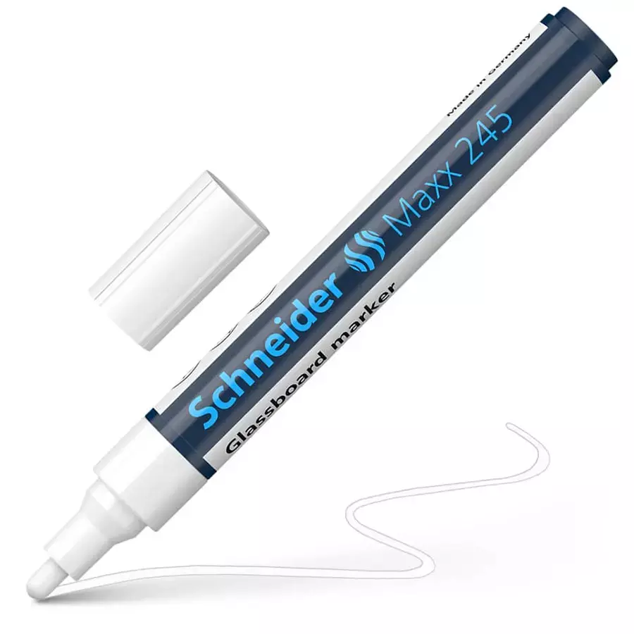 gbc Marcatore perVETRO Schneider Maxx245, BIANCO Pennarello marcatore per lavagne in VETRO e superfici vetrose. Punta tonda 2�3 mm. Cancellabile a secco. sch72457, sch124549. Prodotto Originale Tedesco, MADE IN GERMANY..
