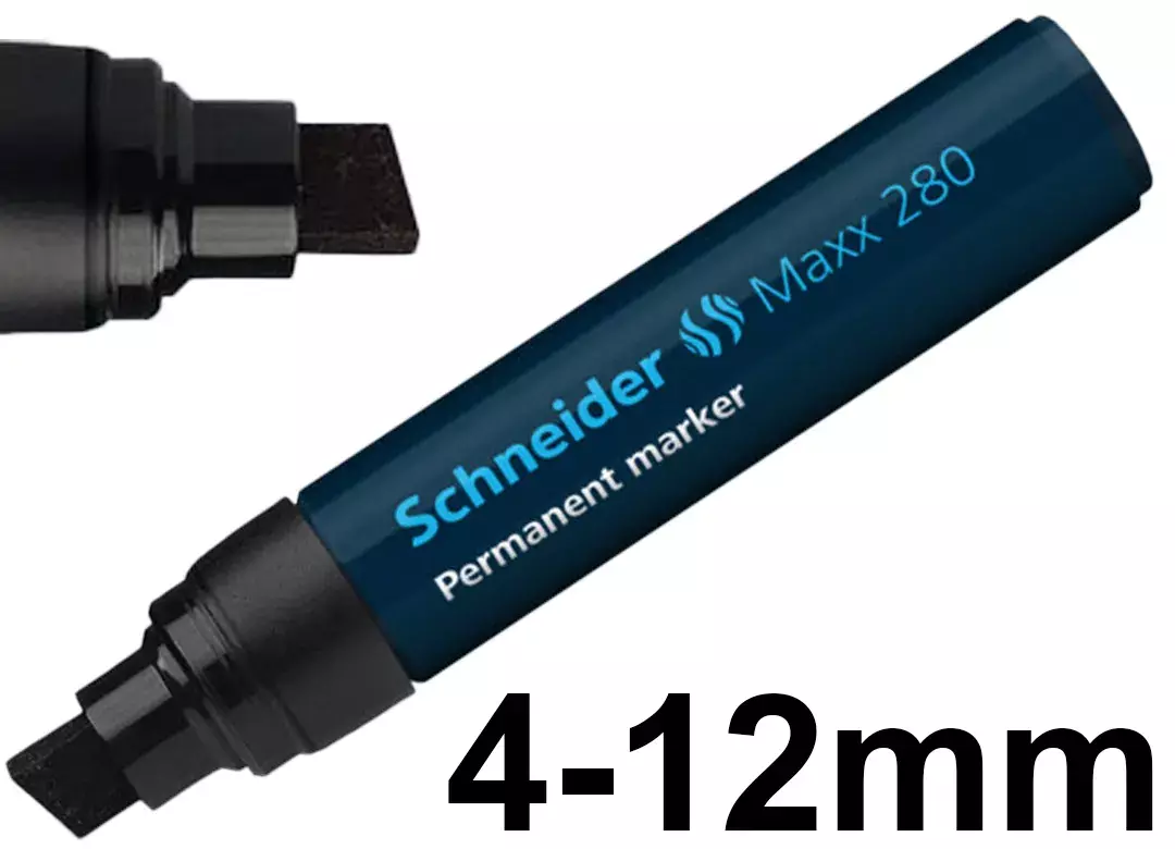 gbc MarcatoreUniversale Scalpello4-12mm SchneiderMaxx280, NERO Pennarello marcatore universale permanente. Punta a scalpello 4 12 mm. Colore dell'inchiostro: NERO. Per cartone, carta, plastica, vetro, metallo, legno ecc. Asciuga rapidamente, resiste all�acqua e alla luce. Non secca, anche se rimane senza cappuccio per 2-3 giorni. Ricaricabile con flacone d�inchiostro Maxx 650. Prodotto Originale Tedesco, MADE IN GERMANY..