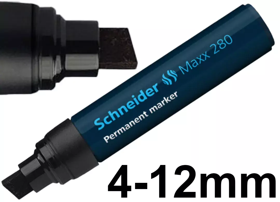 gbc MarcatoreUniversale Scalpello4-12mm SchneiderMaxx280, NERO Pennarello marcatore universale permanente. Punta a scalpello 4 12 mm. Colore dell'inchiostro: NERO. Per cartone, carta, plastica, vetro, metallo, legno ecc. Asciuga rapidamente, resiste allacqua e alla luce. Non secca, anche se rimane senza cappuccio per 2-3 giorni. Ricaricabile con flacone dinchiostro Maxx 650. Prodotto Originale Tedesco, MADE IN GERMANY..