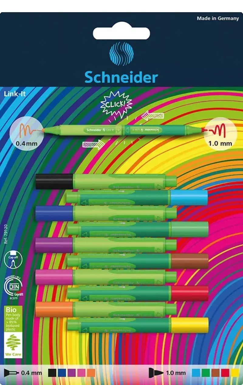 gbc Set 10pennarelli FineLiner Schneider 5 Pennarelli FineLiner 0,4mm + 5 Pennarelli 1mm in colori assortiti. Singolarmente accoppiabili. Impugnatura ergonomica. Prodotto Originale Tedesco, MADE IN GERMANY..