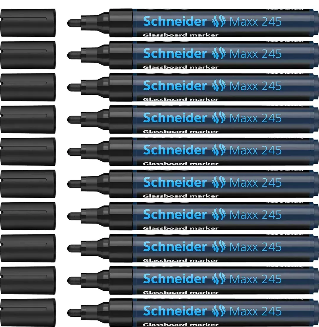 gbc Marcatore perVETRO Schneider Maxx245, NERO Pennarello marcatore per lavagne in VETRO e superfici vetrose. Punta tonda 1�3 mm. Cancellabile a secco. sch72451, p072451. Prodotto Originale Tedesco, MADE IN GERMANY..