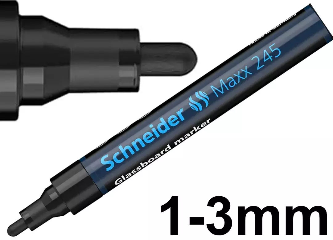 gbc Marcatore perVETRO Schneider Maxx245, NERO Pennarello marcatore per lavagne in VETRO e superfici vetrose. Punta tonda 13 mm. Cancellabile a secco. sch72451, p072451. Prodotto Originale Tedesco, MADE IN GERMANY..