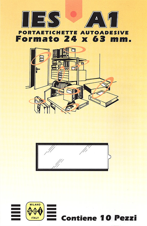 gbc PortaetichetteAdesivo IESa1sei, 24x63mm  Portaetichetta autoadesivo in plastica semirigida con finestrino trasparente su fondo grigio ed etichetta in cartoncino intercambiabile..