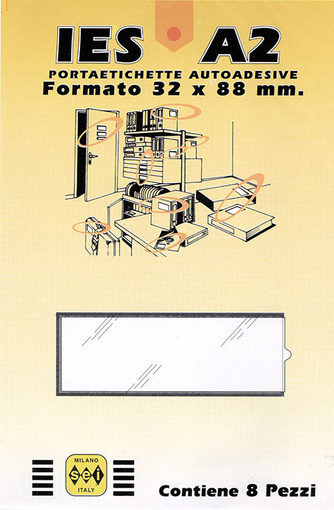 gbc Portaetichette adesive ies a2 sei, 32x88mm  Portaetichetta autoadesiva in plastica semirigida con finestrino trasparente ed etichetta in cartoncino intercambiabile..