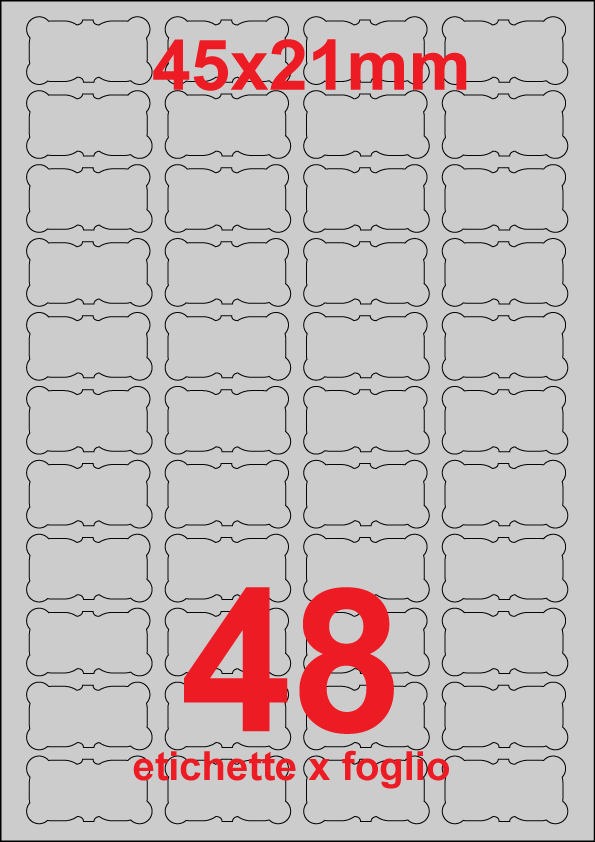 wereinaristea EtichetteAutoadesive POLIESTERECartaARGENTO, 45x21sagomate (21x45mm) ARGENTO, adesivo PERMANENTE, per ink-jet, su foglio A4 (210x297mm).