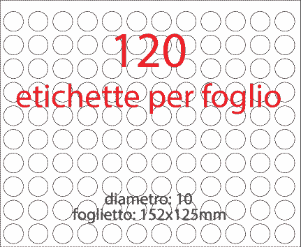 wereinaristea EtichetteAutoadesive rotonde, diametro 10 BIANCO, adesivo permanente, su foglietti da cm 15,2x12,5. 120 etichette per foglietto.
