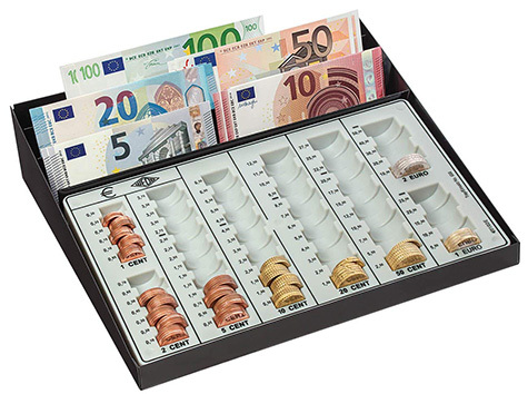 gbc Contenitore porta monete e banconote per tutte le monete in banconote, euro e centesimi. Base contenitore in METALLO. . Contiene 370 monete: 0,01x30, 0,02x35, 0,05x75, 0,10x65, 0,20x60, 0,50x55, 1x25, 2x25.