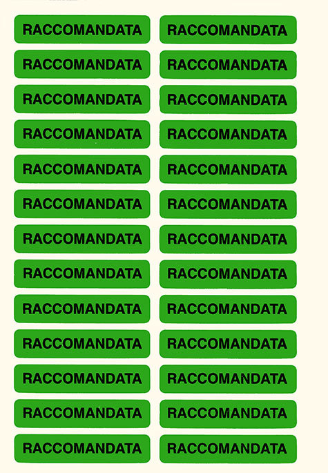 wereinaristea Etichette autoadesive Tik-Fix, a registro, mm 48x10 (10x48) RACCOMANDATA, scritta nera su fondo VERDE, in foglietti da mm 116x170, 26 etichette per foglio, (4 fogli).
